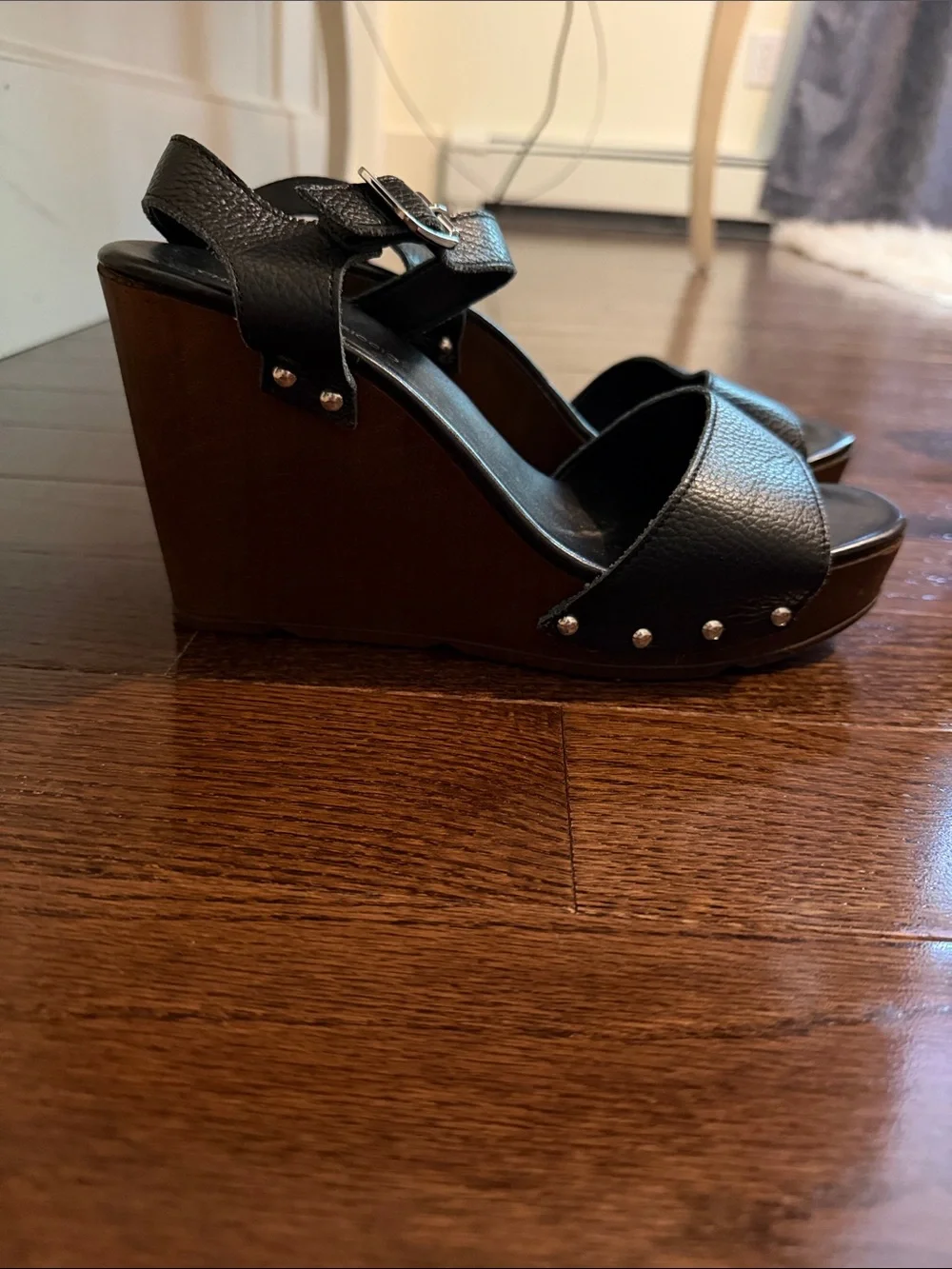 Black Leather-Look Wedge Sandals with Stud Accent